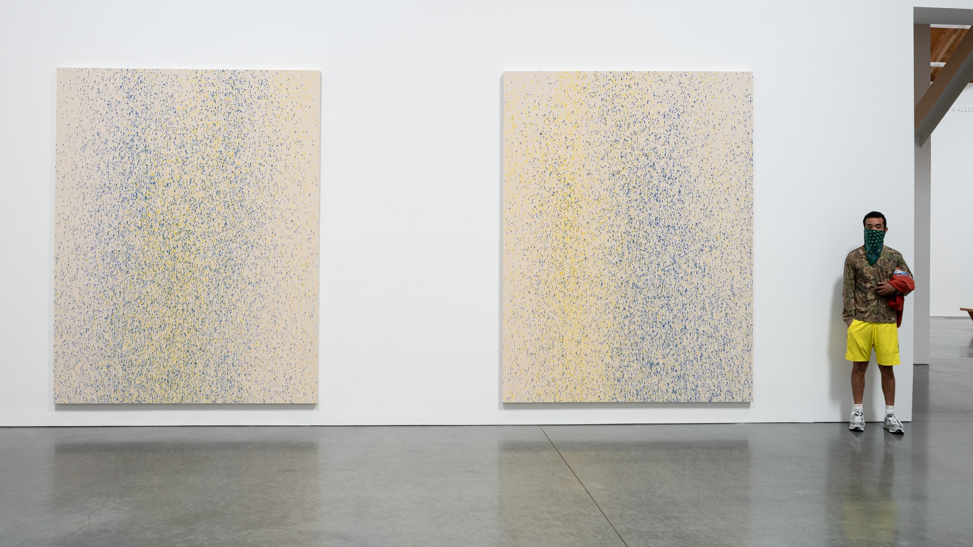 Lucien Smith (American, born 1989), Installation view of the exhibition Southampton Suite at the Parrish Art Museum, Water Mill, NY. 10 works, LSMI – 1–10, (Blue & Yellow). Acrylic and unprimed canvas, 108 x 84 inches. Photo: Gary Mamay