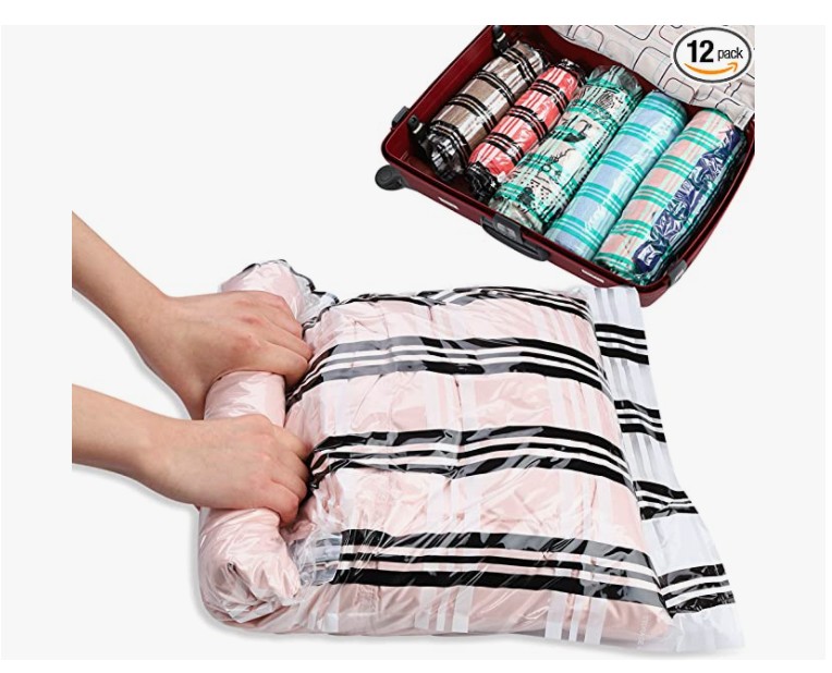 12 Travel Compression Bags Vacuum Packing, Roll Up Space Saver