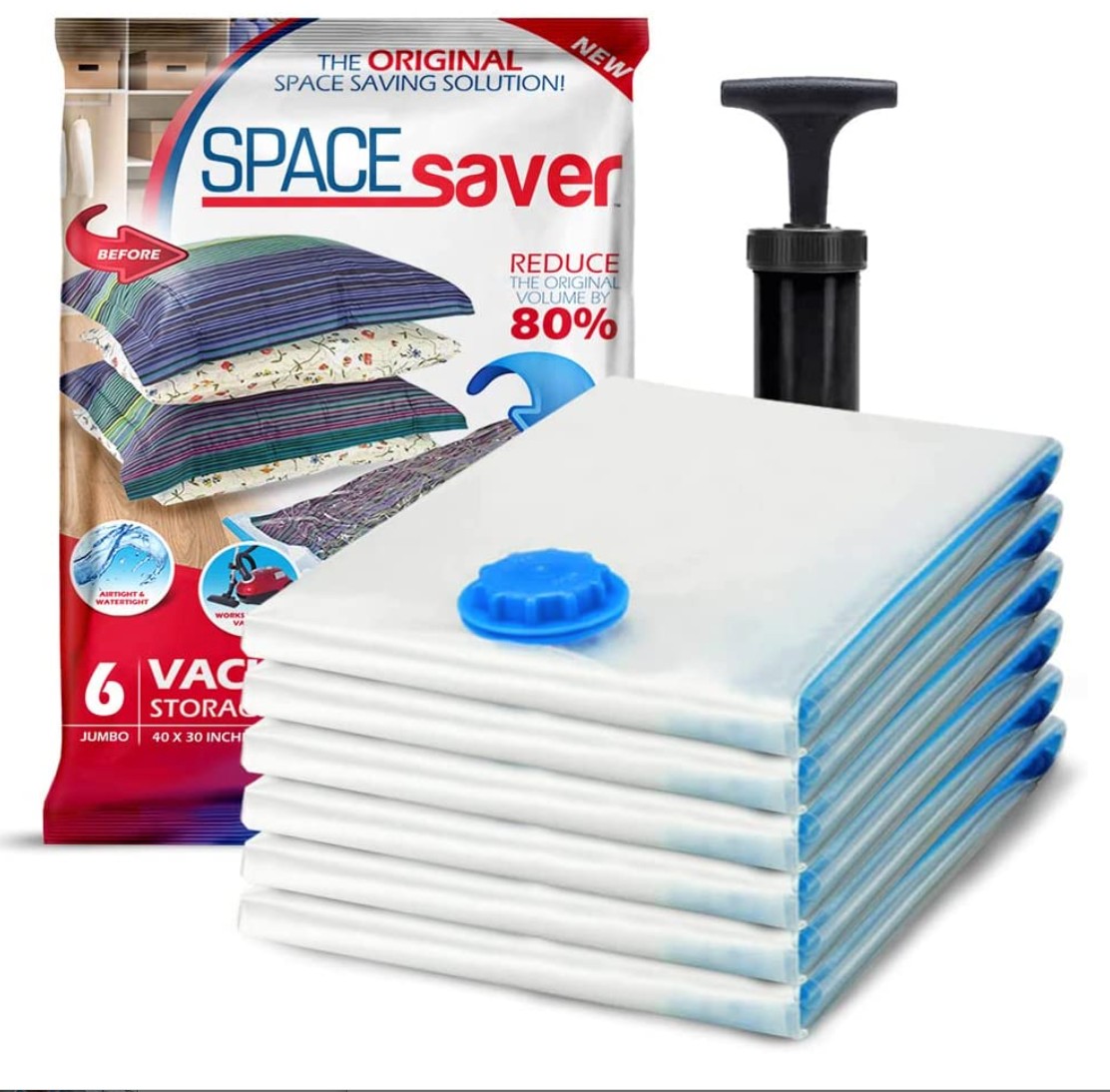 Brand: VacuSave Type: Compressed Storage Bags Specs: Vacuum Sealed, Space  Saving Keywords: Home Storage, Clothing Organizer, Air Pump Seal Key  Points: Easy To Use, Durable Material Main Features: Protects Clothes,  Maximizes Closet