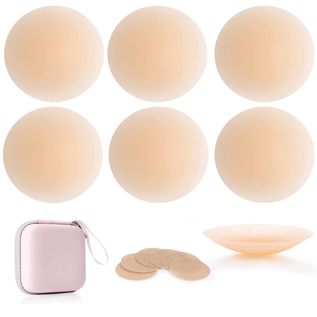 Nipple Covers Pasties for Women - Reusable Adhesive Nippleless covers  Silicone Breast Petals round Nude, Nude, Plus Size Fits A-D Cups