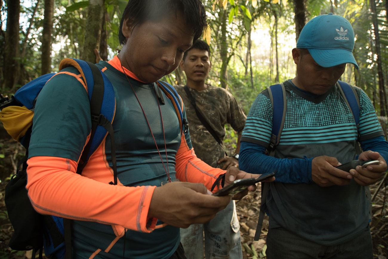 Local monitors Carlos Doviasa and Eliceo Quintero check their GPS position as they trek to a suspected area of deforestation.
