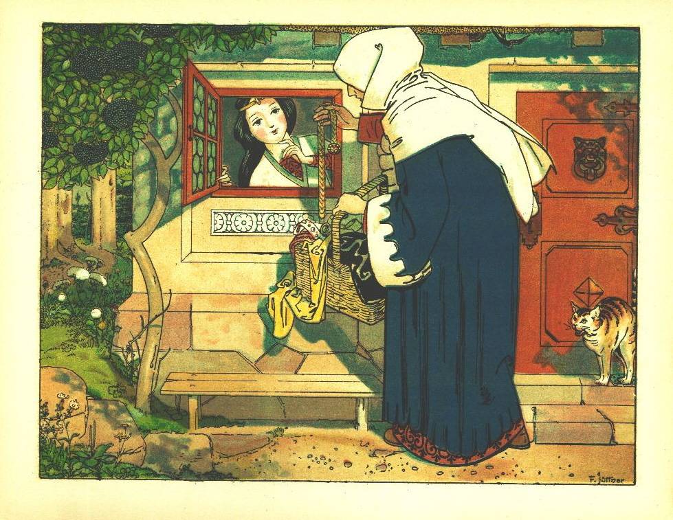 The queen visits Snow-White and offers her some potentially fatal garments. Painting by Franz Jüttner via Wikipedia