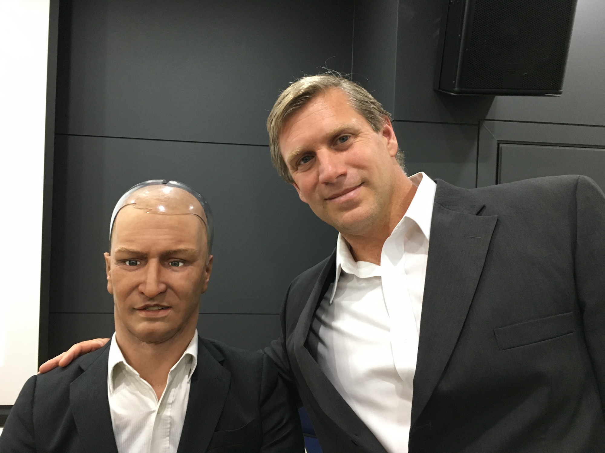 The author pictured alongside Han the robot.