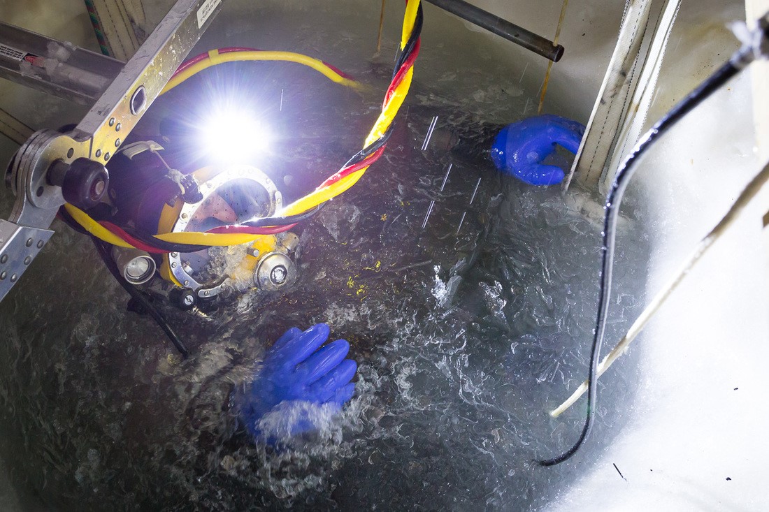 A Stone Aerospace diver emerges from below the sea ice after monitoring a test of ARTEMIS