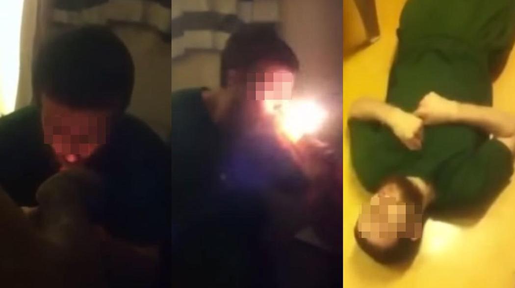 Capture d'écran d'une vidéo, filmée dans une prison britannique, montrant un détenu fumant du Spice et s'évanouissant. Via Youtube.