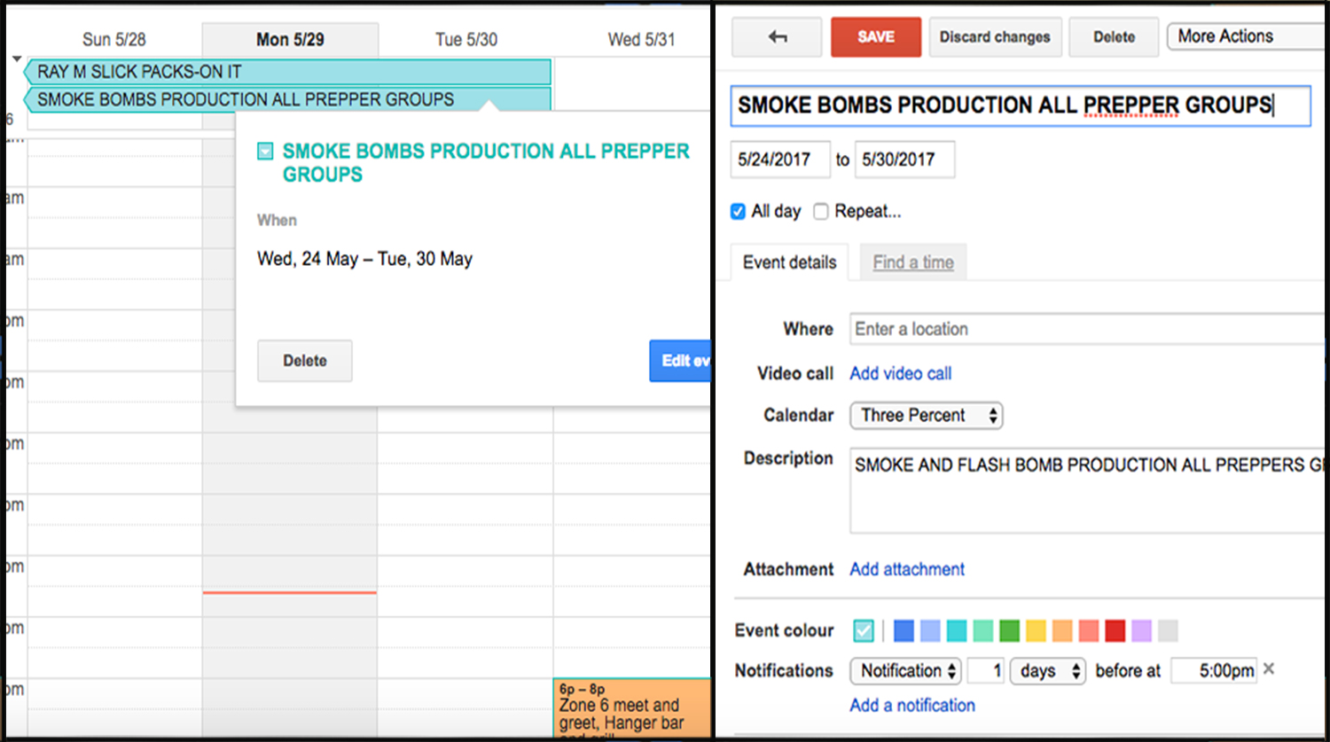 The posts on the III%'s Google calendar that indicate smoke bomb preparation.