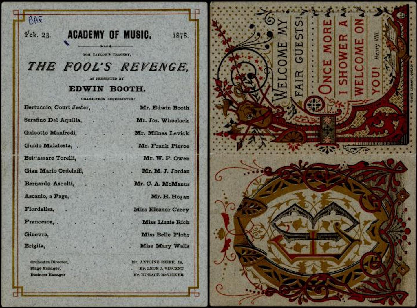 Playbill for Edwin Booth's 'The Fool's Revenge, 1878