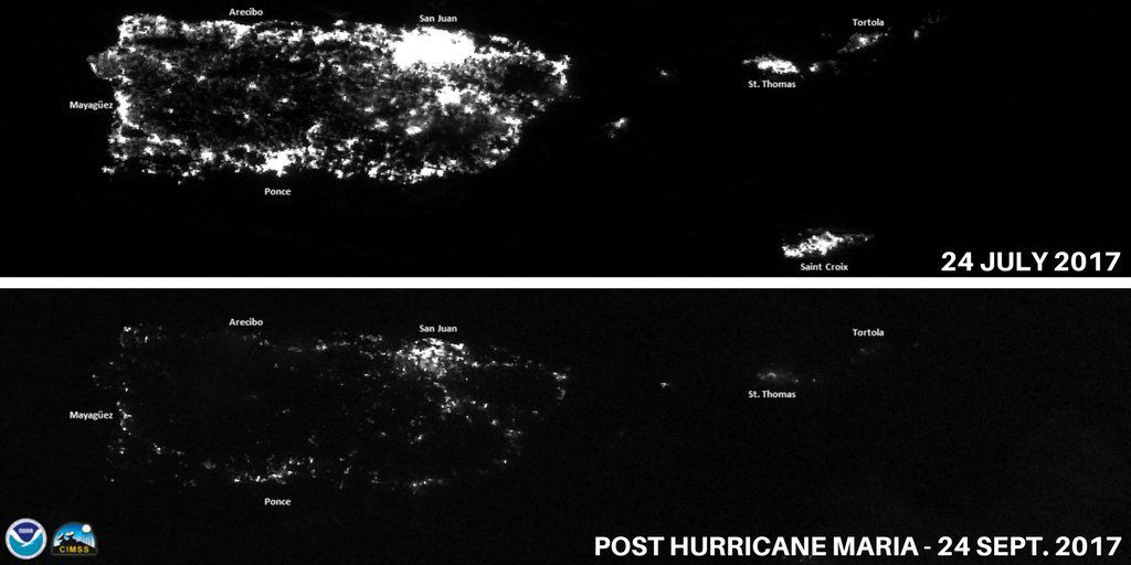 ContaminaciÃ³n lumÃ­nica de noche en Puerto Rico, antes (arriba) y despuÃ©s (abajo) del huracÃ¡n Maria. Imagen: NOAA