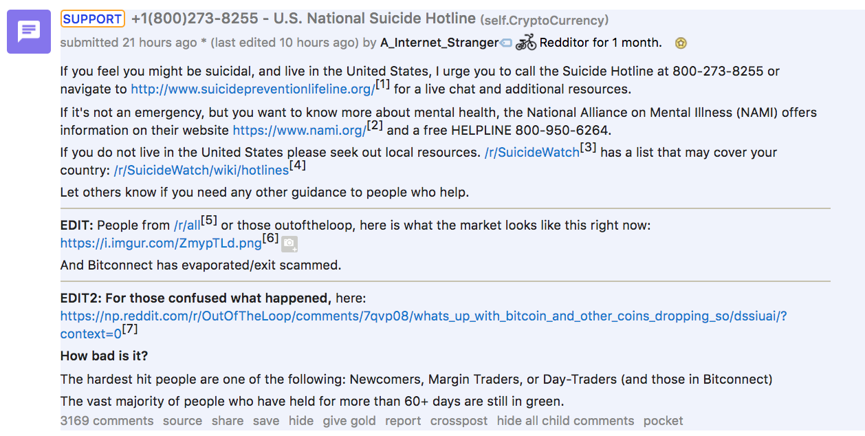 A Suicide!    Prevention Hotline Was The Top Post On The Cryptocurrency - 