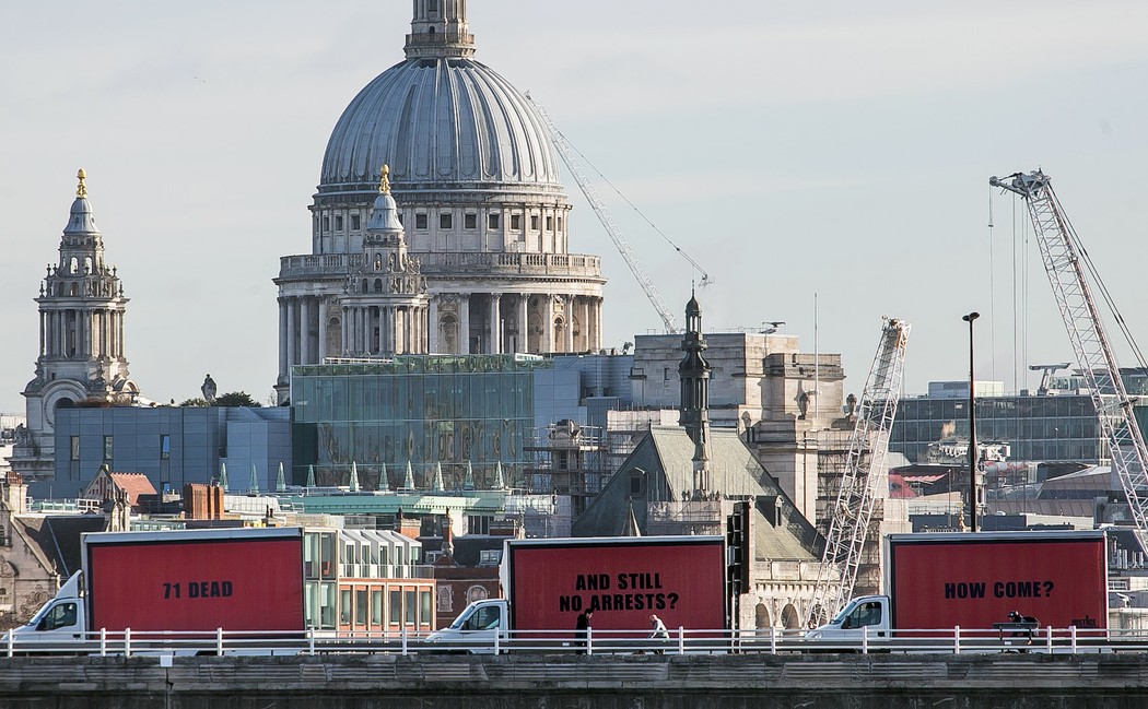 The Grenfell billboards near Parliament, photo credit Justice 4 Grenfell