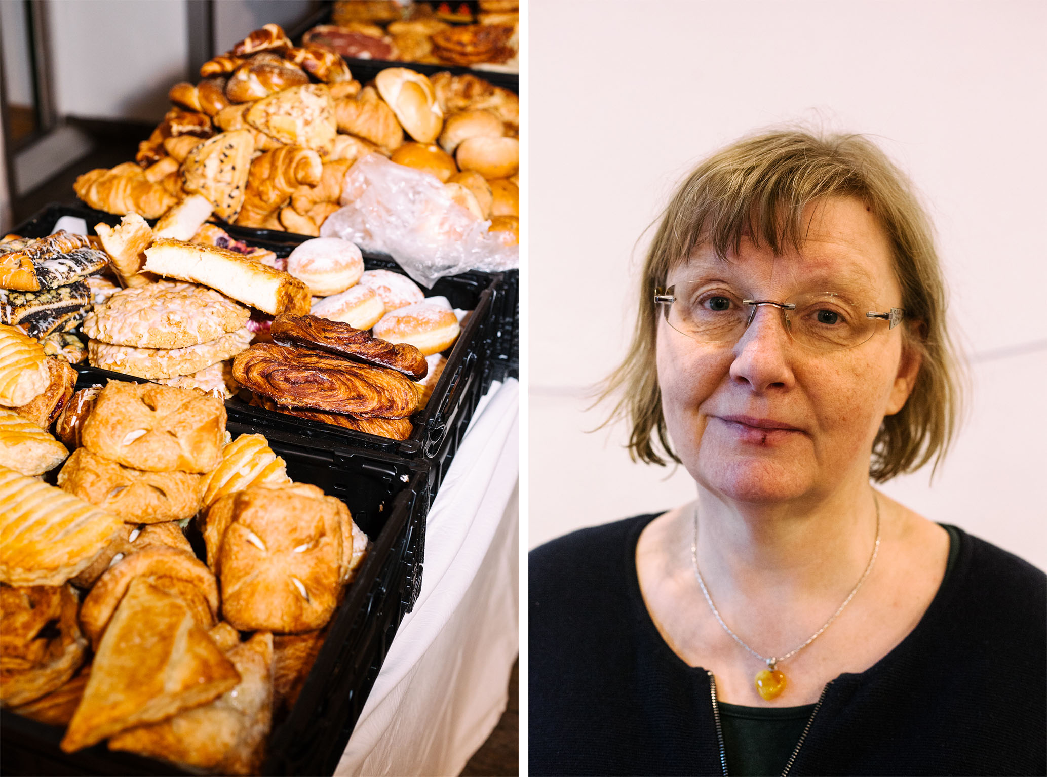 Gespendete Spritzkuchen, Apfeltaschen und Franzbrötchen bei der Neuköllner Tafel, rechts daneben steht Carola Thümm-Söhle