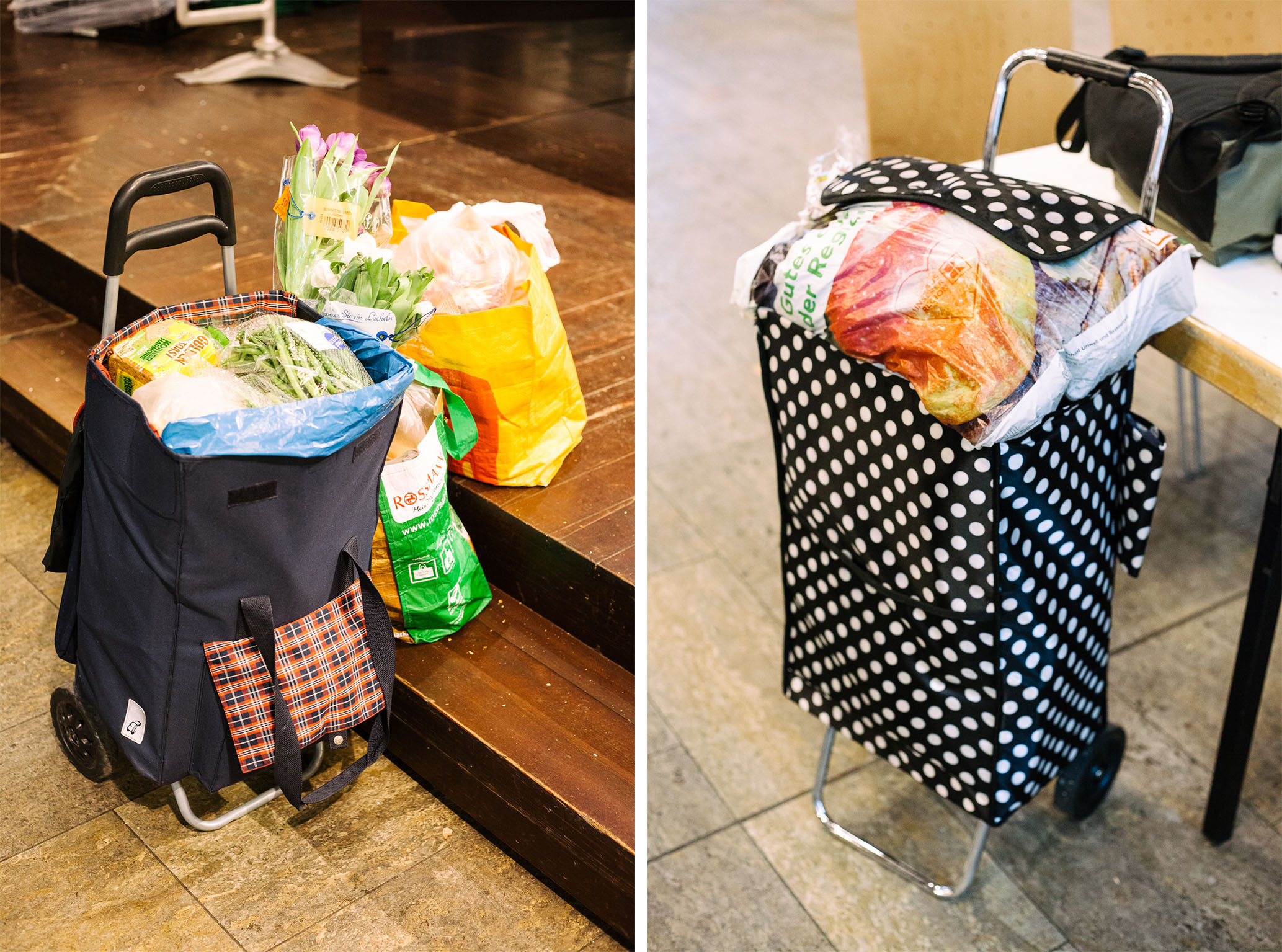Aus dem Trolley von Marianne lugen Brechbohnen und eine Packung Toast hervor, daneben stehen zwei volle Einkaufsbeutel