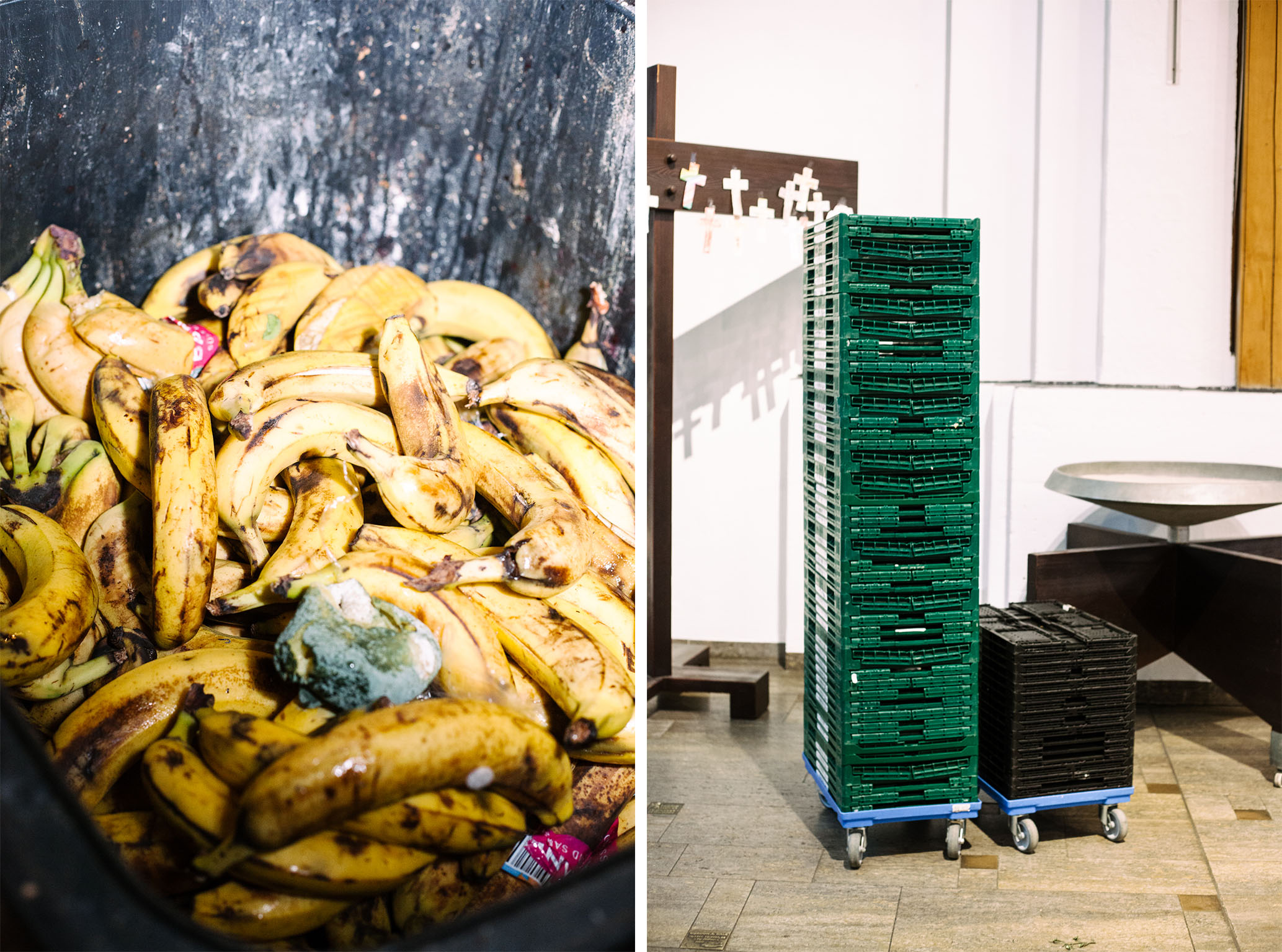 Zerdrückte und aufgerissene Bananen stapeln sich in einer Biotonne, dazwischen liegt eine zerquetschte Feige