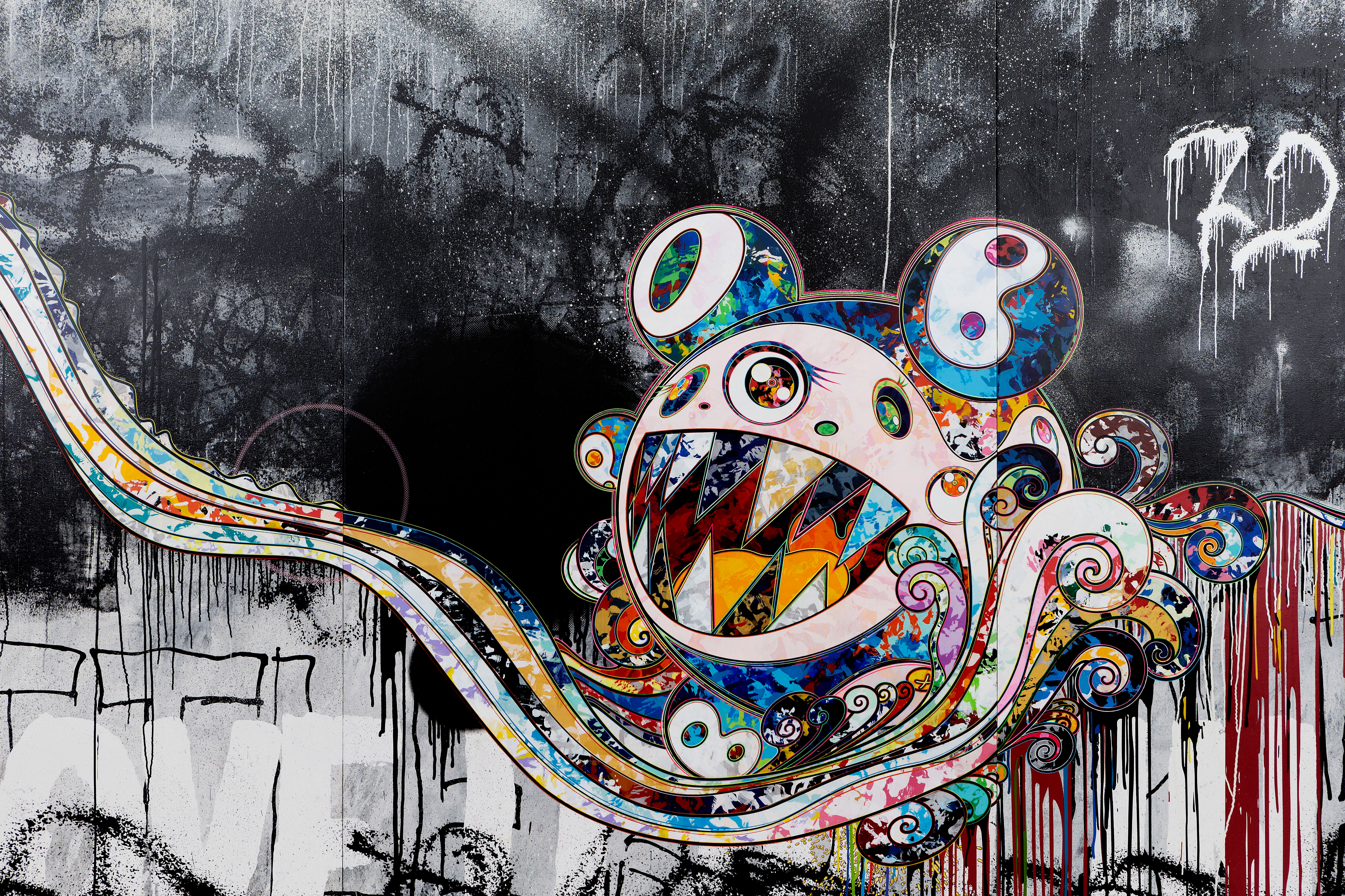 A picture I took at the Takashi Murakami Gallery at the Louis Vuitton  foundation in Paris. Its a square but I cropped for my wallpaper and it  looks reallly nice thought you