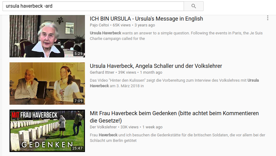 Suchergebnis auf YouTube für Interviews mit der bekannten Holocaust-Leugnerin Ursula Haverbeck.