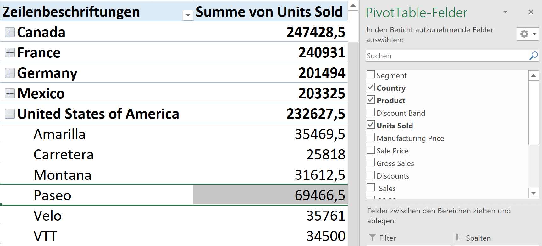 Parameter auswählen bei einer Pivot-Tabelle