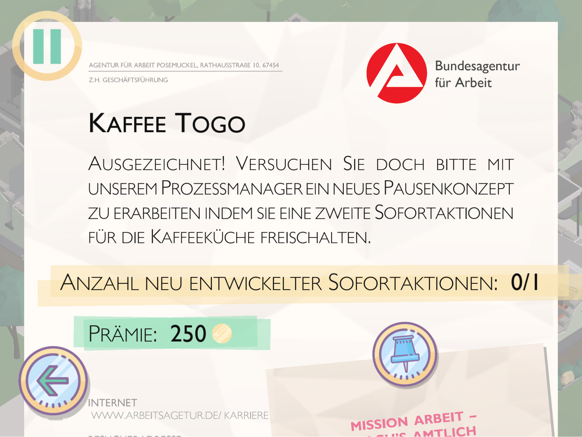 Der Screenshot zeigt eine Aufgabe, die Spieler im Spiel 'Amtliche Helden' erledigen sollen.