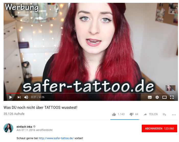 Dieses Video von einfach inka wurde vom Ministerium für Landwirtschaft und Ernährung mitfinanziert und soll über Tätowierungen aufklären.