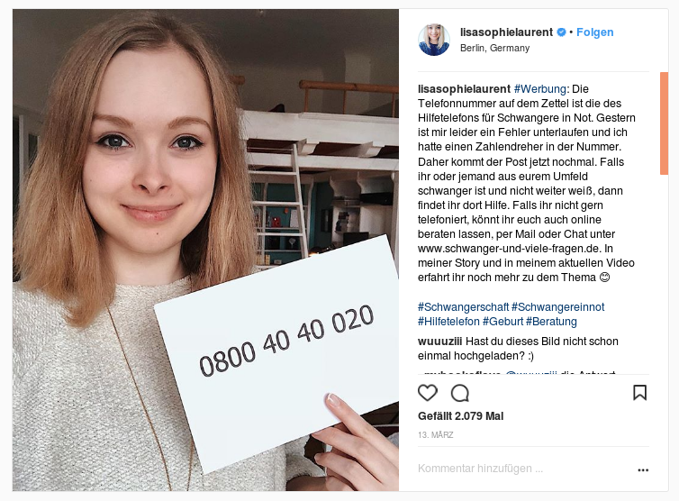Die Influencerin Lisa Sophie Laurent macht Werbung für eine Kampagne des Familienministeriums und kennzeichnet das vorbildlich.
