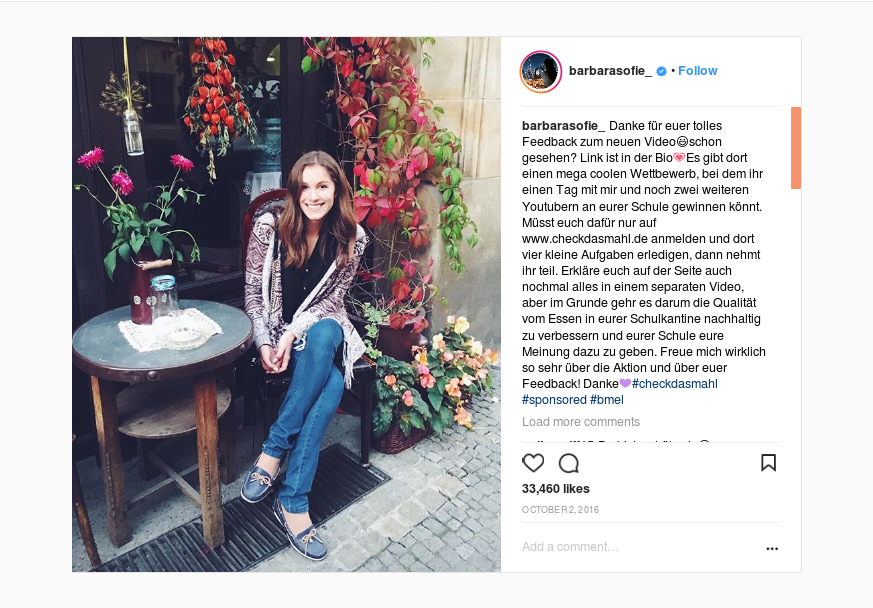 Die Influencerin Barbara Sophie bewirbt eine Aktion des Ministeriums für Ernährung und Landwirtschaft. Allerdings wird das erst durch den Hashtag #sponsored ganz am Ende eindeutig sichtbar.