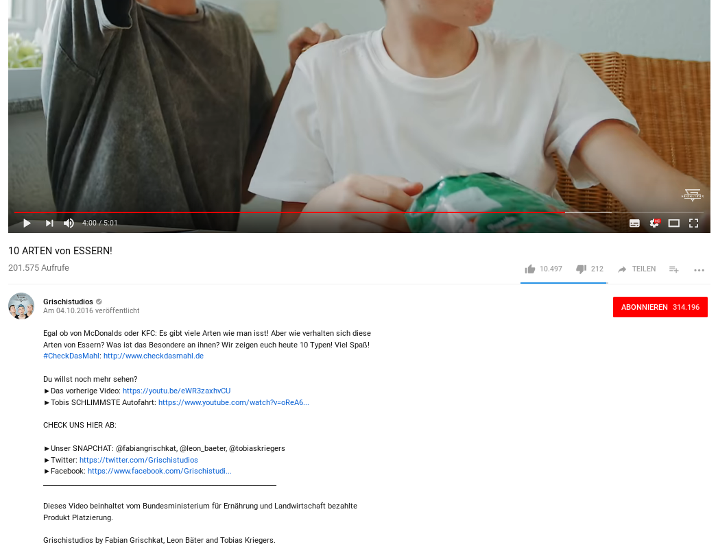 Der YouTuber Grischistudios macht Werbung für eine Kampagne des Ministeriums für Ernährung und Landwirtschaft.