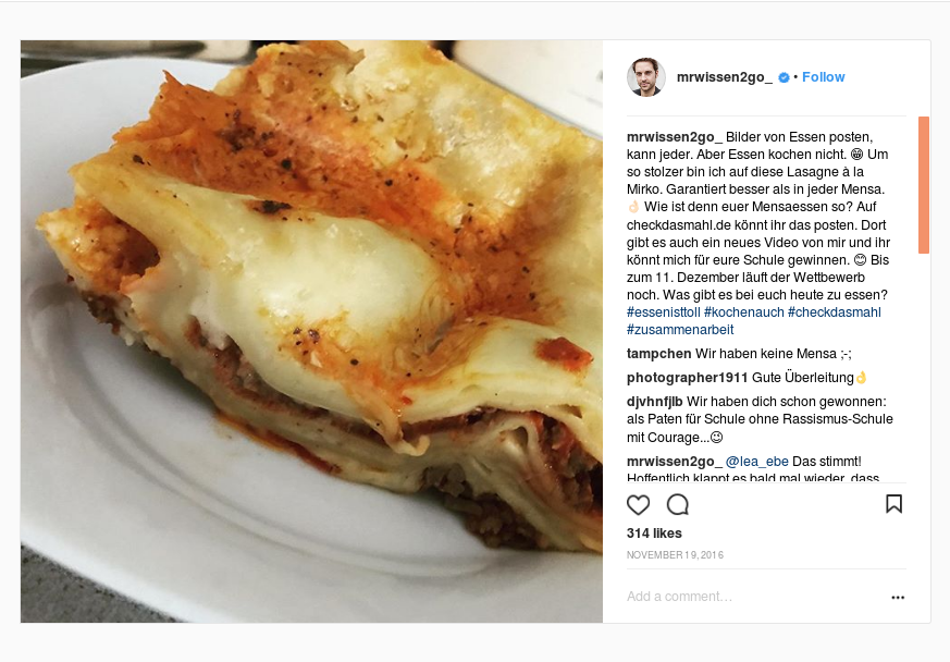 Ein Instagram-Post von MrWissen2Go. Finanziert wurde der Lasagne-Post auch vom Ministerium für Ernährung und Landwirtschaft.