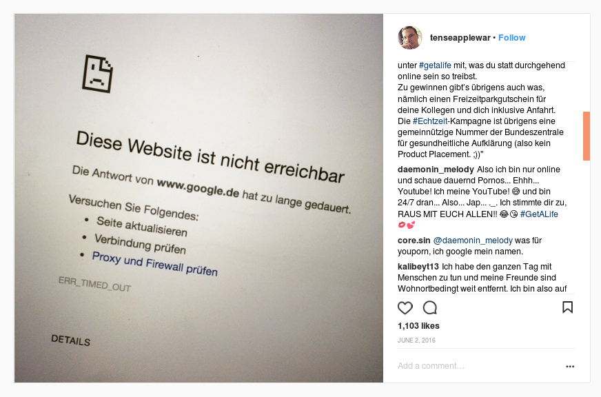 Ein Post des Instagrammers tenseapplewar im Auftrag der #Echtzeit-Kampagne des Gesundheitsministeriums.