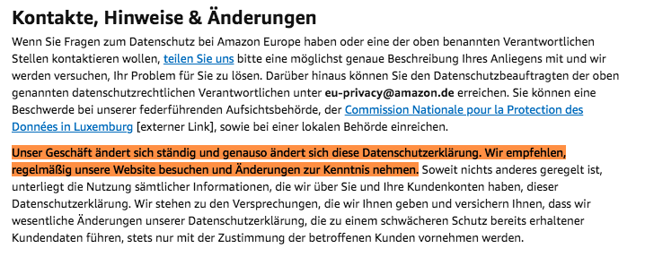Screenshots aus der Datenschutzerklärung von Amazon