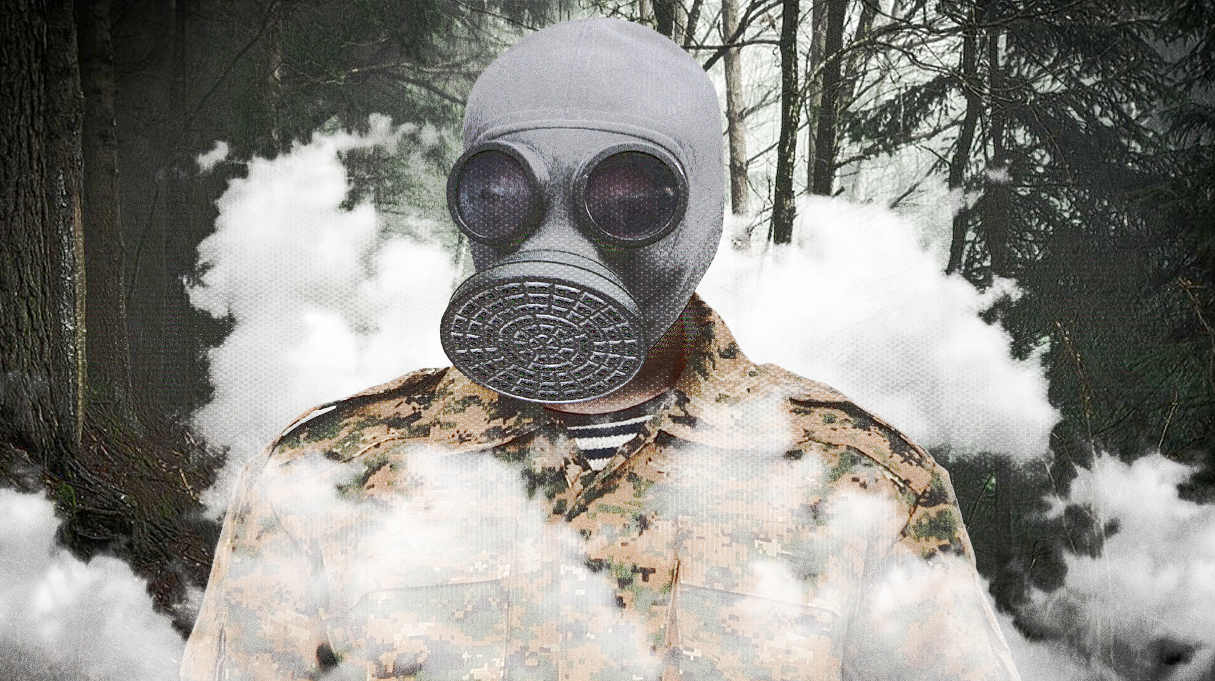 Ein Mann mit Gasmaske im Wald