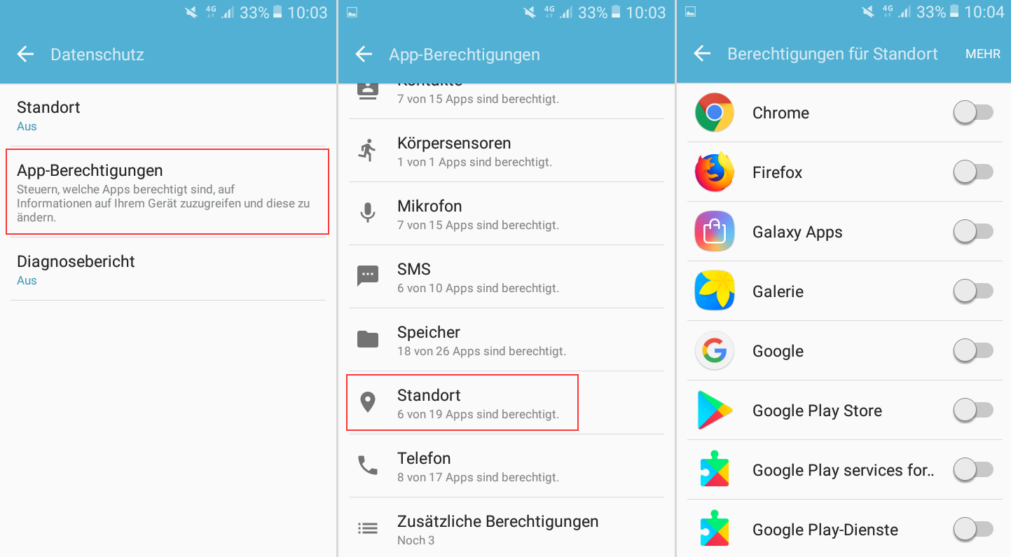 Android-Screenshots für Datenschutzeinstellungen zur Standort-Bestimmung