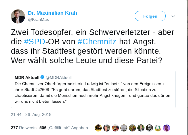 Der stellvertretende Landesvorsitzende der AfD Sachsen verbreitet eine Falschmeldung zu den Geschehnissen in Chemnitz auf Twitter.