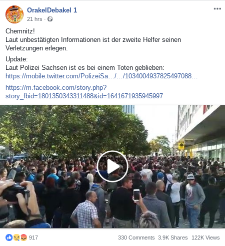 Mit diesem Facebook-Post nahm die falsche Geschichte vom zweiten Todesfall am Rande des Chemnitzer Stadtfestes wohl ihren Anfang.