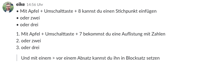 Der Screenshot zeigt Aufzählungen in Slack.
