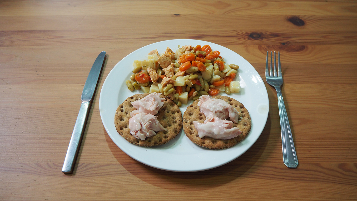 comida fit pavo en lata y ensalada