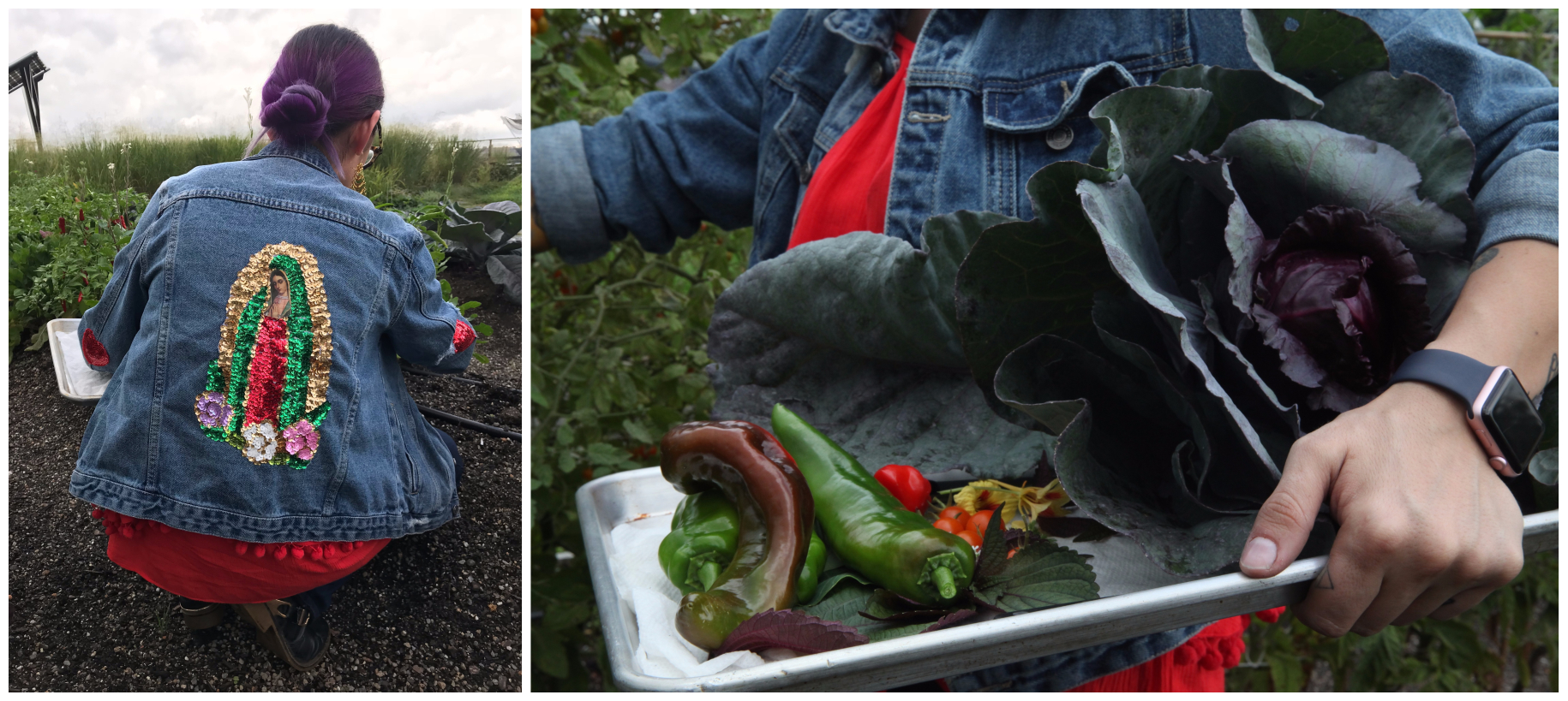 Claudette Zepeda-Wilkins with Virgin Mary sequined denim jacket, vegetables
