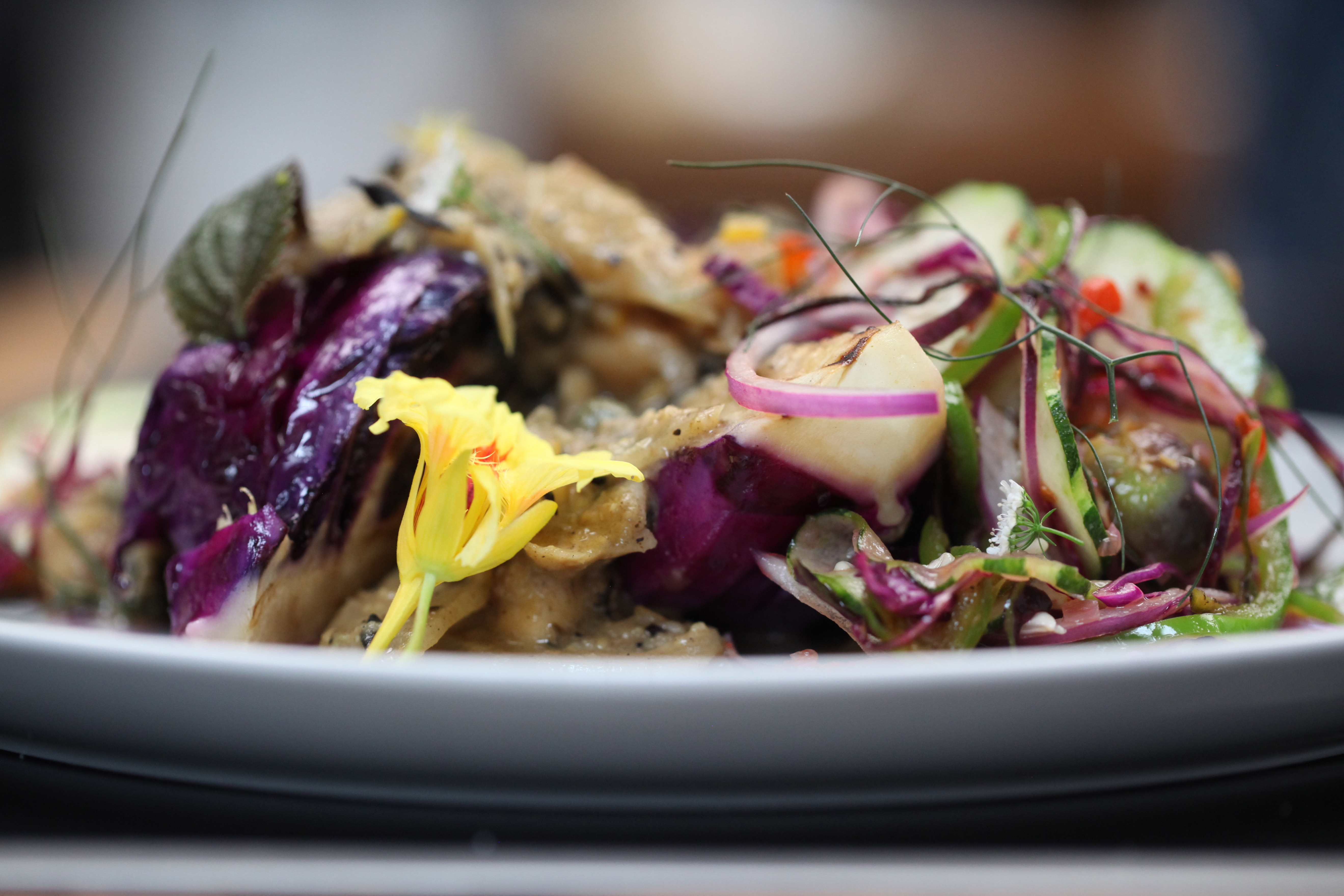 Plated grilled cabbage with chickpea mole, blistered tomato salad, cabbage slaw
