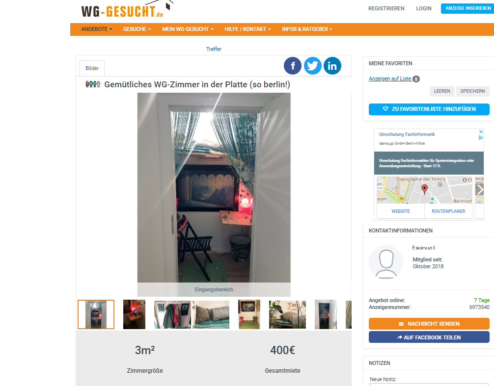 Ein Screenshot des Inserats auf WG gesucht.
