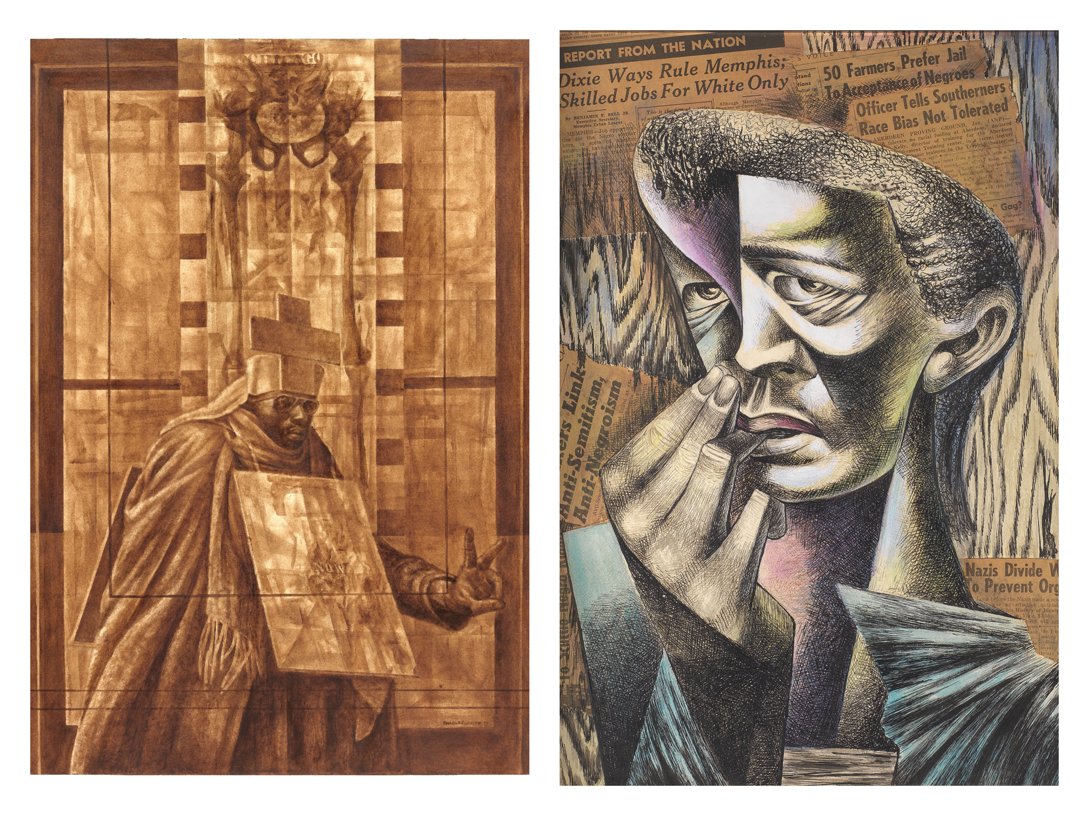 Charles White. Black Pope (Sandwich Board Man). 1973. Oil wash on board. 60 × 43 7/8″ (152.4 × 111.4 cm) The Museum of Modern Art, New York. Richard S. Zeisler Bequest (by exchange), The Friends of Education of The Museum of Modern Art, Committee on Drawings Fund, Dian Woodner, and Agnes Gund. © 1973 The Charles White Archives. Photo Credit: Jonathan Muzikar, The Museum of Modern Art Imaging Services