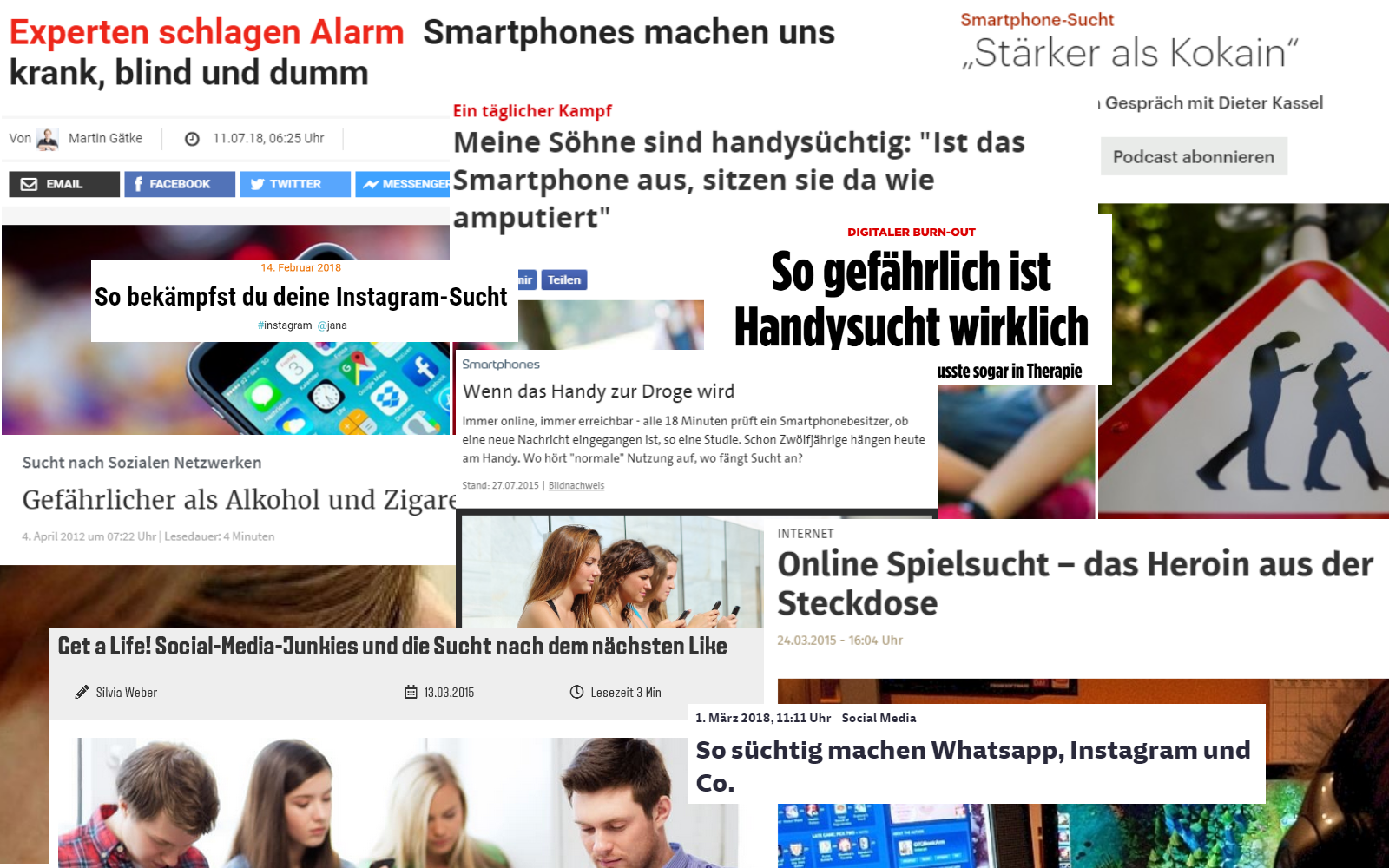 Screenshot von Schlagzeilen über Social-Media-Sucht und ähnliche mutmaßliche Süchte