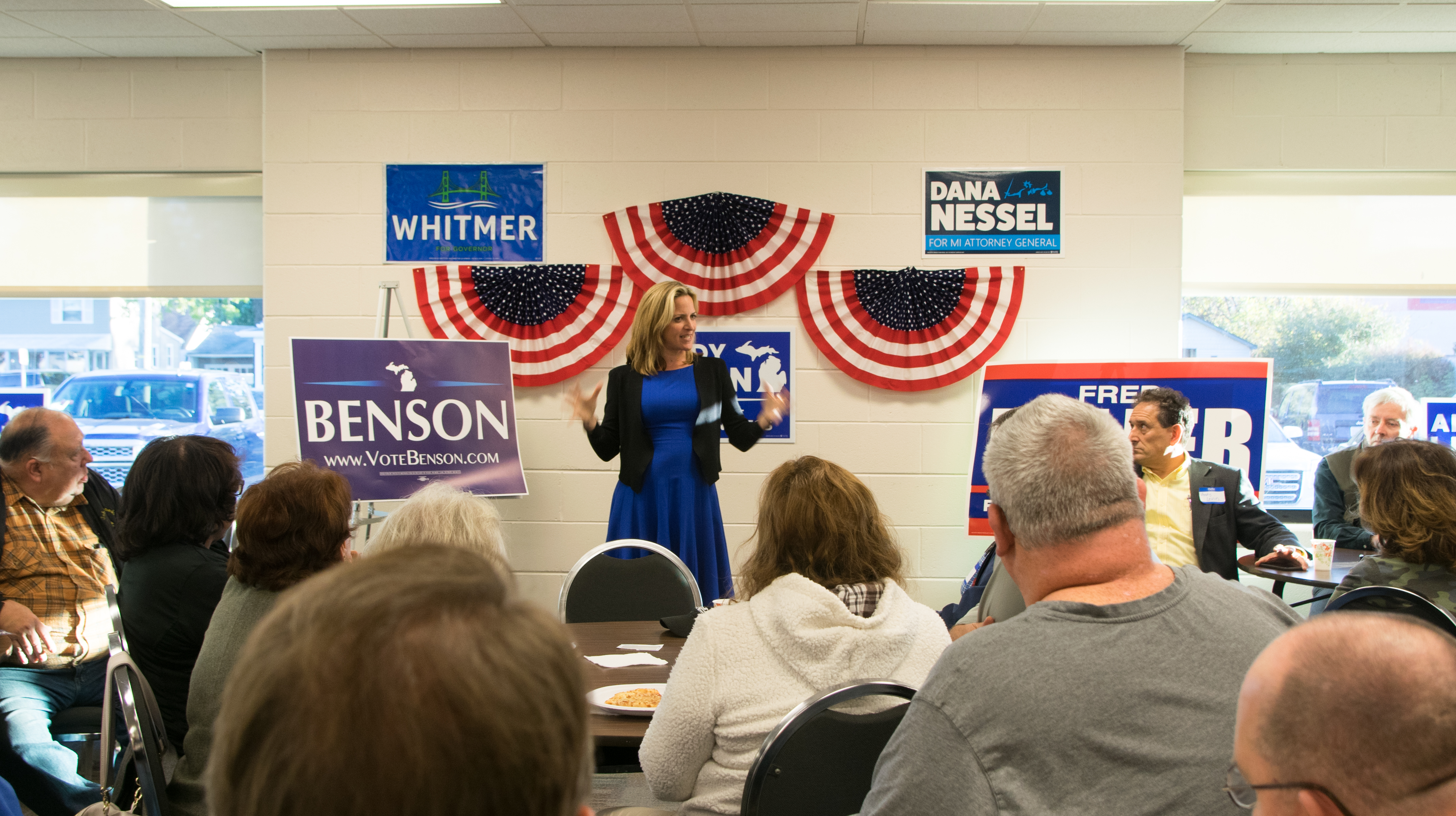 Benson speaks at a meet and greet in Macomb County, Michigan