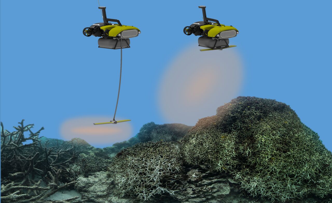 A rendering of how the LarvalBot will disperse coral larvae over damaged parts of the Great Barrier Reef.