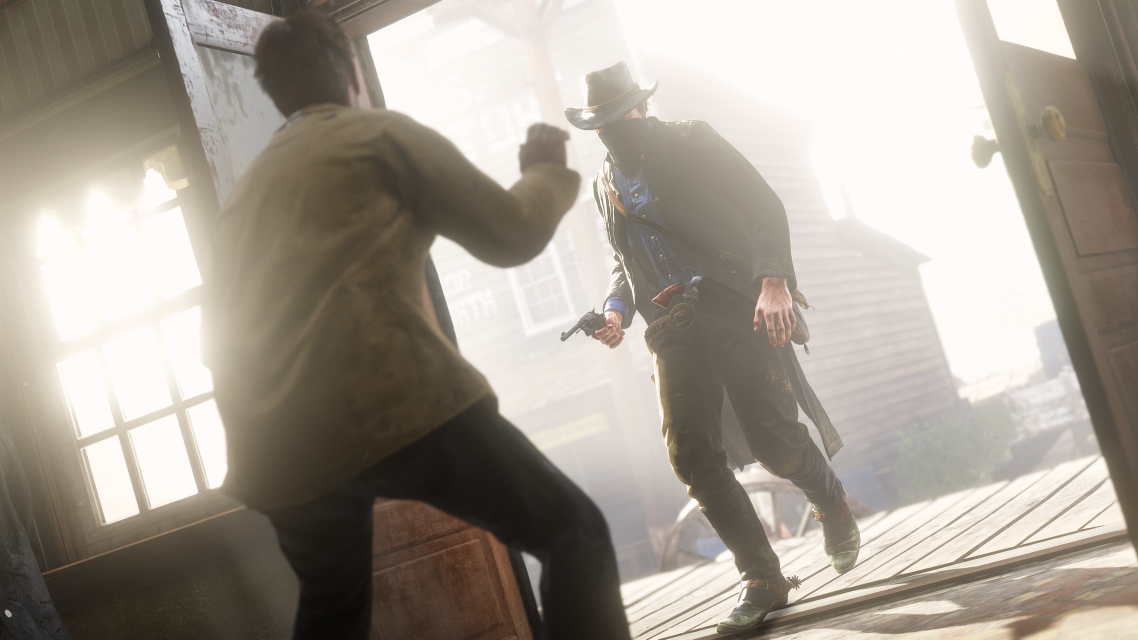 A masked gunman bursts through the swinging doors of some frontier saloon and the man in the foreground is unarmed but crouched with fists raised and you just know that this encounter will not end peacefully, that even if this silhouetted figure in a duster and gunbelt were just here for a simple holdup, he will not vanish back into the afternoon glare outside without having put that iron in his hand to use.