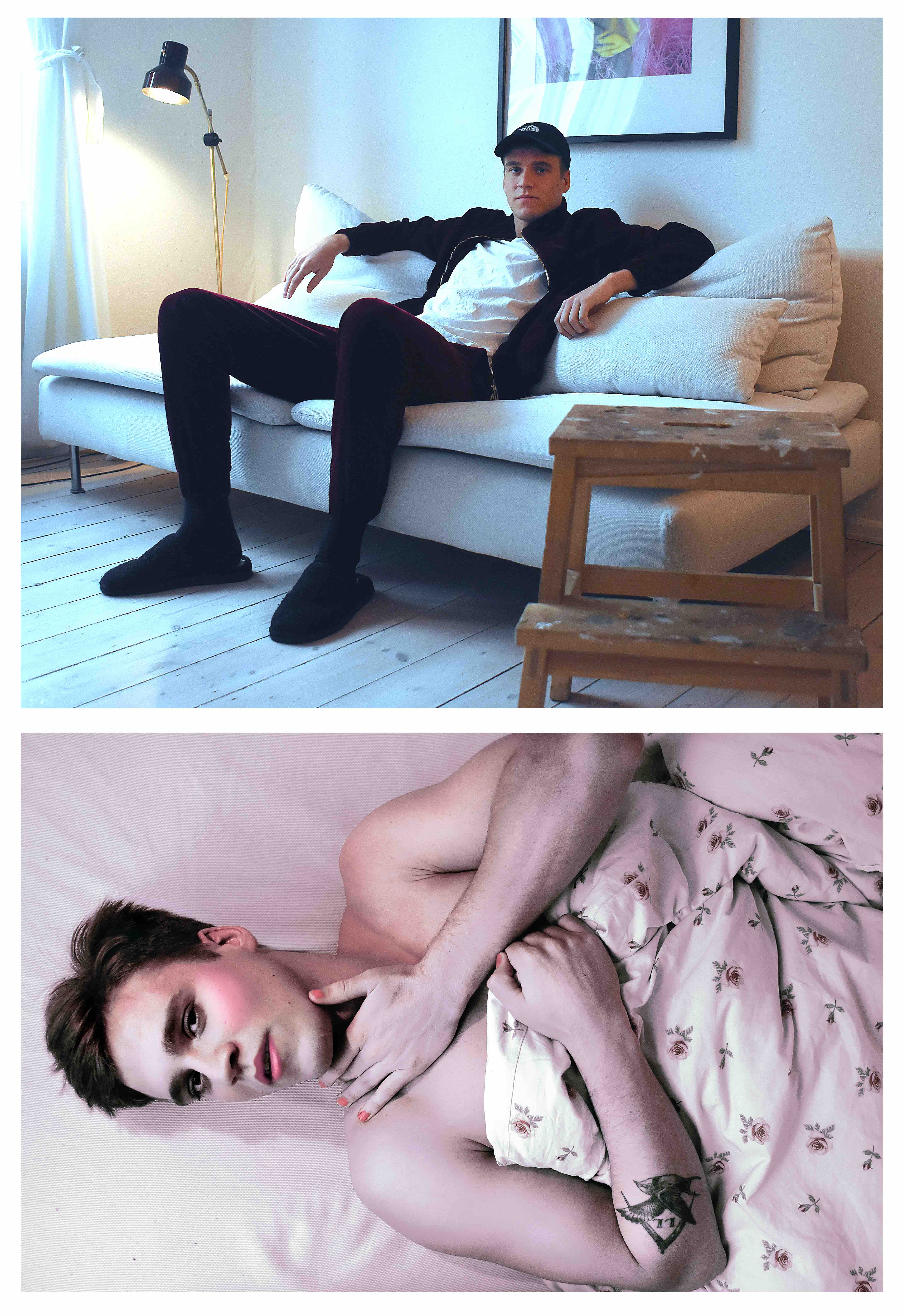 To billeder af Morten. Et, hvor han sidder i sit almindelige tøj i en sofa, et, hvor han ligger i sengen og har læbestift på