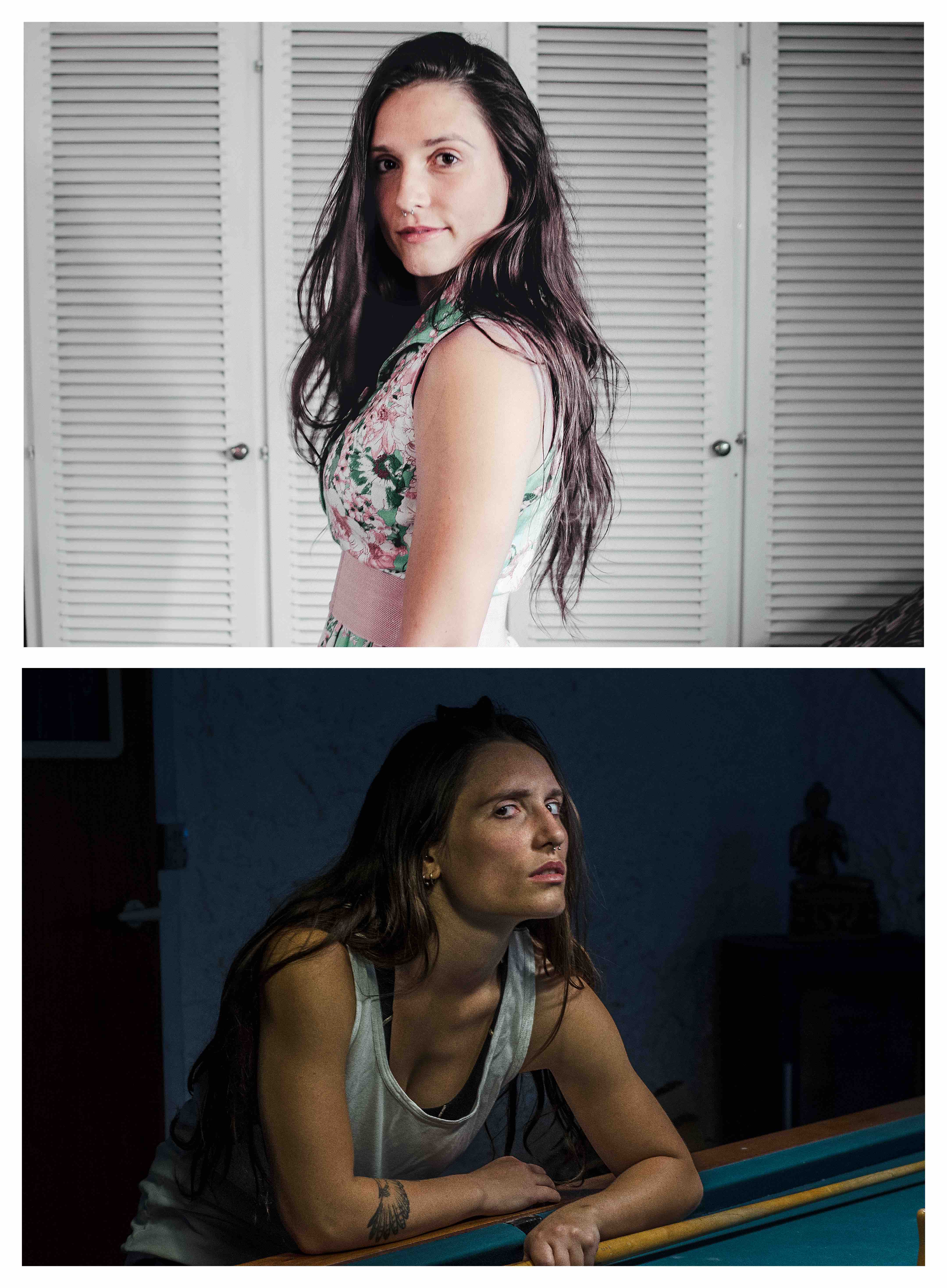 To billeder af Naomi, det første i blomstret kjole, det andet i løs tanktop