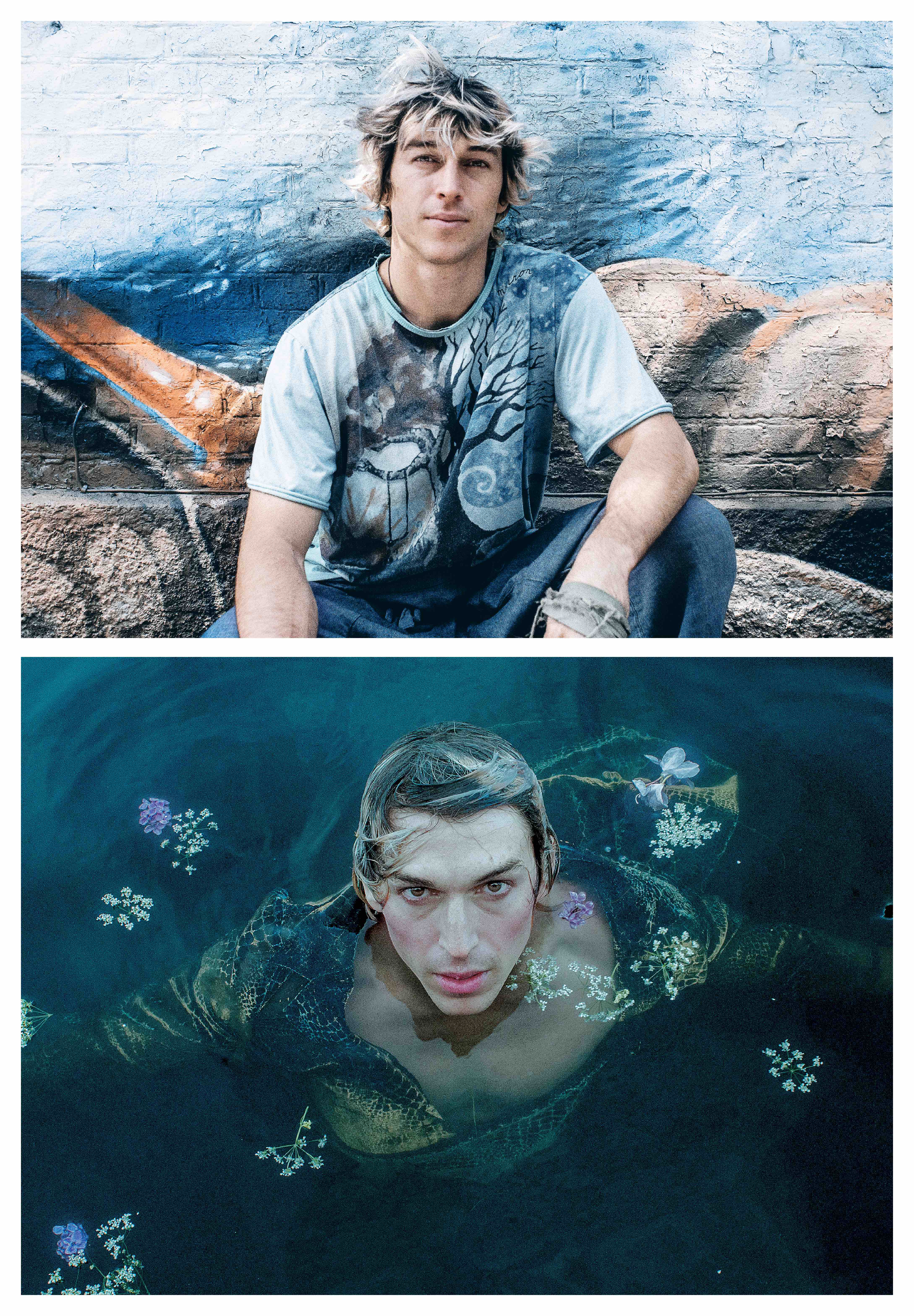 To billeder: Josh sidder i skater t-short foran en mur. Josh ligger i vandet omgivet af blomster og iført makeup