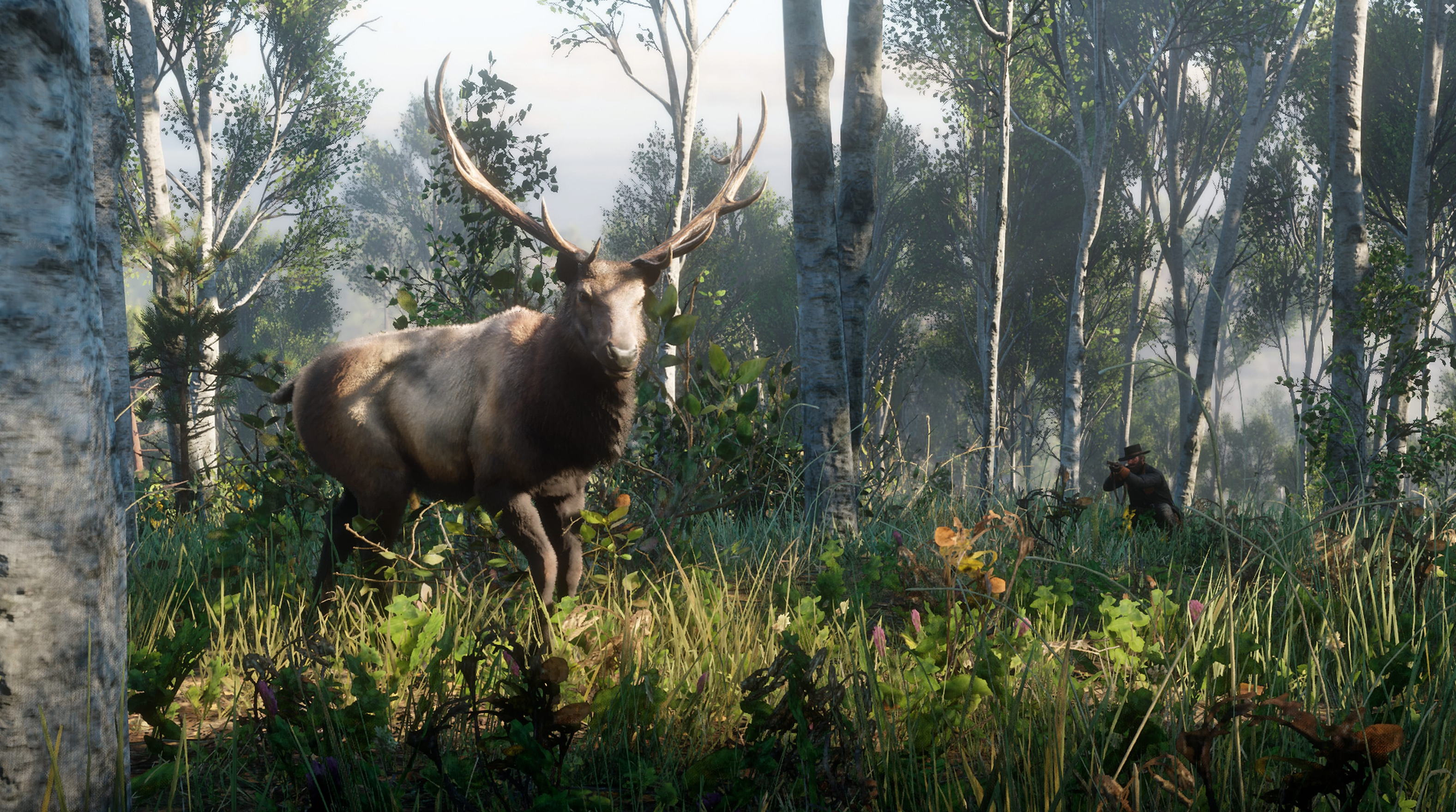A mighty moose stands proudly at left of frame looking toward the viewer across a sun-dappled grove of trees. In the distant background of the right side of the frame we see a rifleman taking aim.