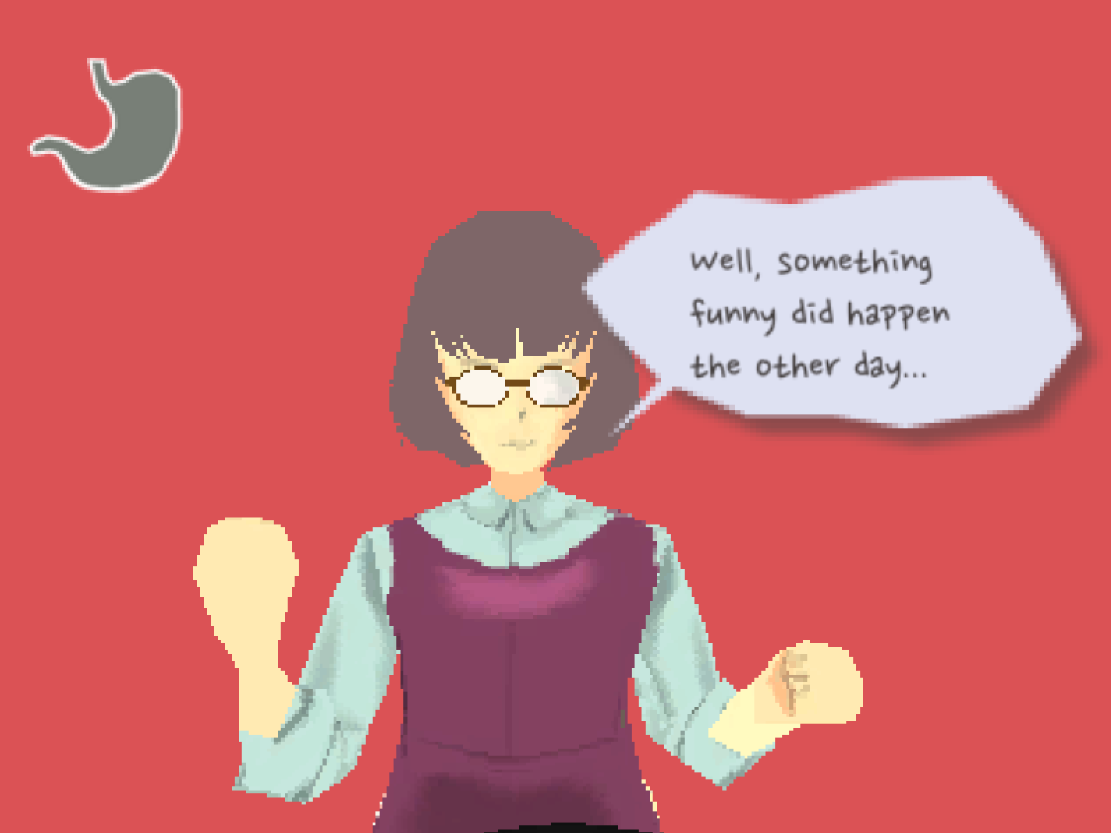 A lone woman of indeterminate age begins an anecdote saying