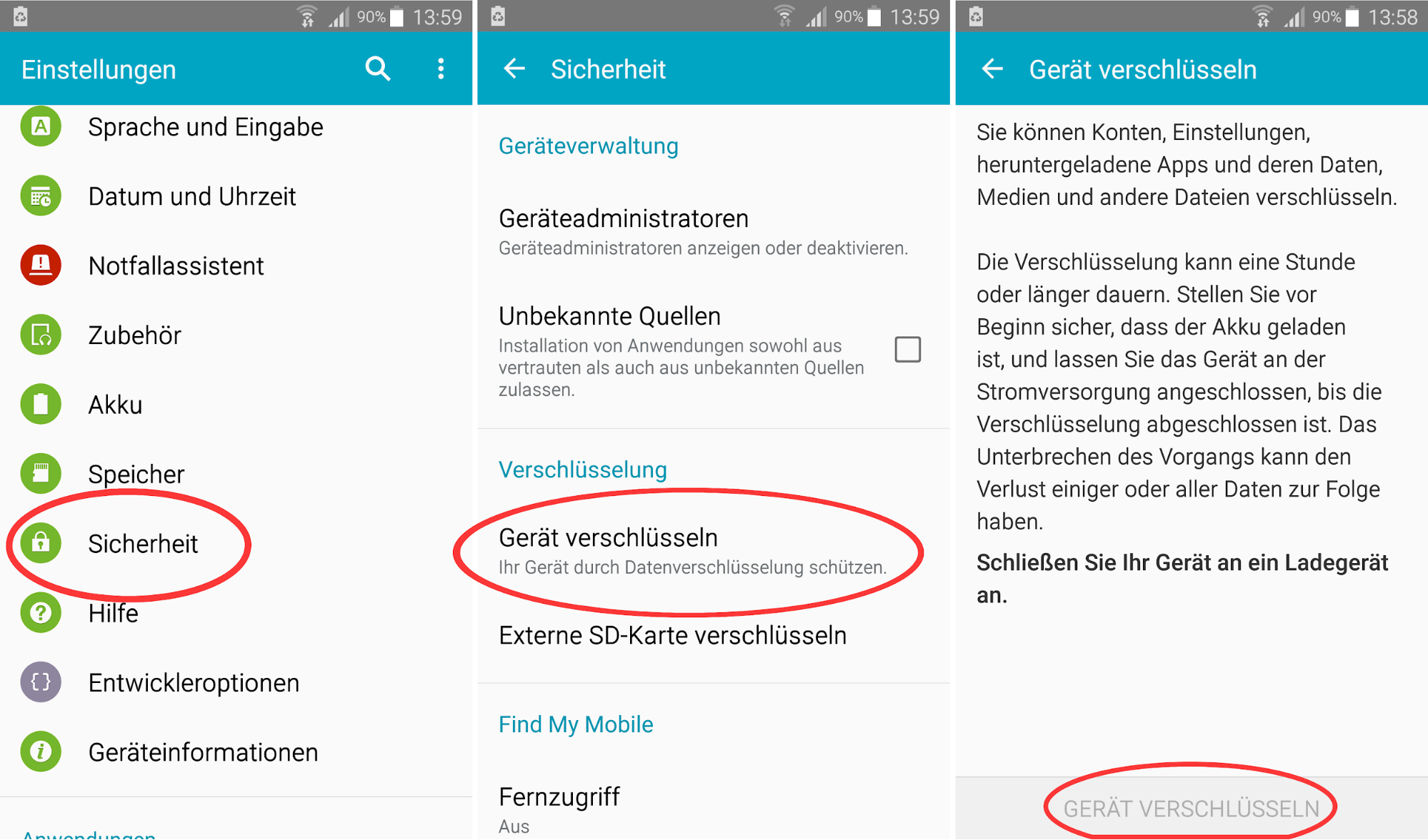 Screenshots, die den Weg zur richtigen Sicherheitseinstellung noch einmal erklären.