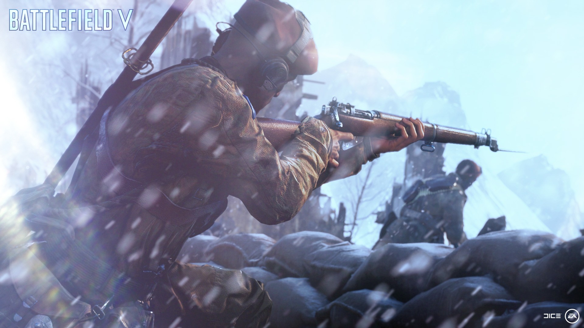 A soldier with a fixed bayonet takes aim in BFV