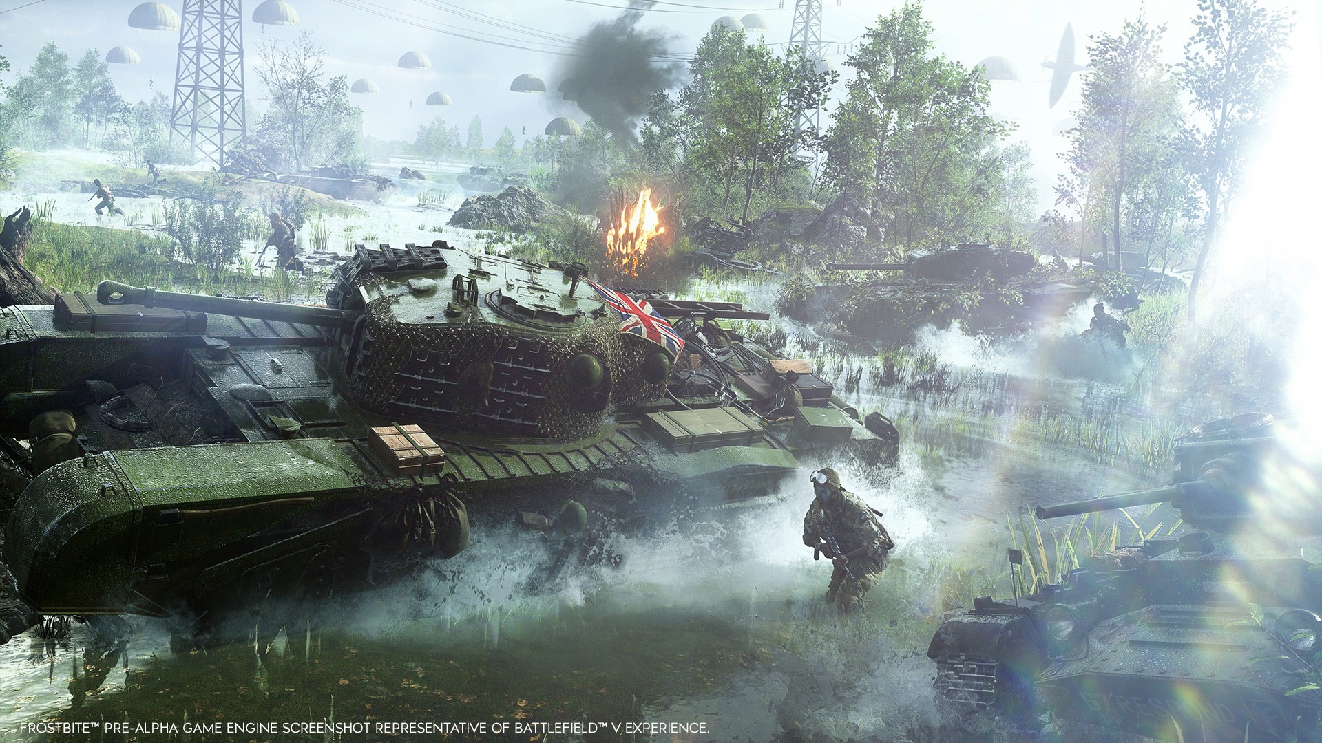 A British tank grinds through a misty morning to roll over a German strongpoint